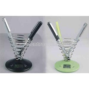 Screw pen holder with clock