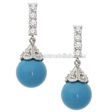 Silver CZ Synthetic Turquoise Drop Earrings
