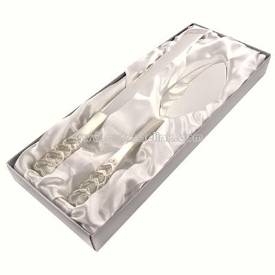 Silver Heart Handle Cake Server & Knife Set w/ Swarovski Crystals