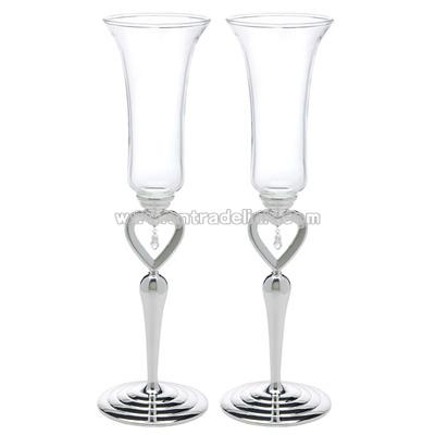 Silver Plated Open Heart & Jewel Drop Stem Champagne Flutes