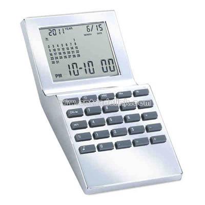 Silver calculator with clock, alarm, calendar and world time