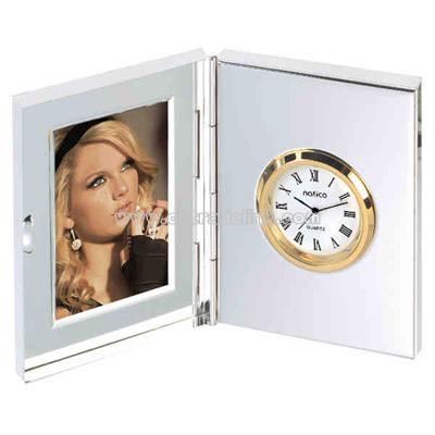 Silver plated clock with gold bezel and picture frame
