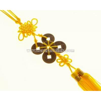 Six Chinese Coins Tassel with Yellow Mystic Knot