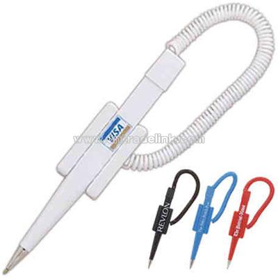 Slender pen holder with stretchable coil and self-adhesive backing