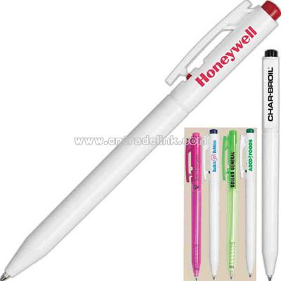 Slim barrel ballpoint pen with colored clicker