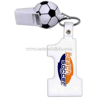 Soccer whistle with number one key tag