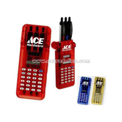 Solar powered calculator with flip open pen case
