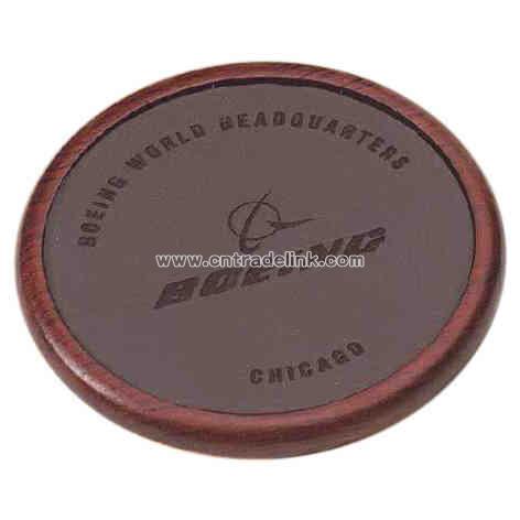 Solid wood coaster with leather insert
