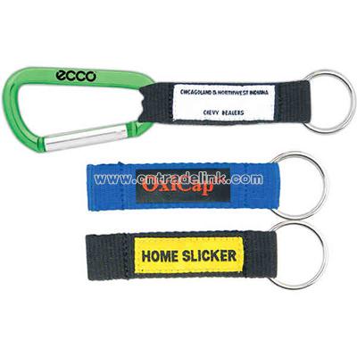 Strap with woven label sewn onto the lanyard attached to carabiner