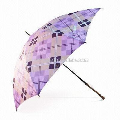 Tartan Print Umbrella with Wooden Hook Handle