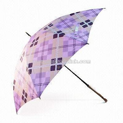 Tartan Print Umbrella with Wooden Hook Handle