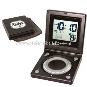 This flip-open travel alarm
