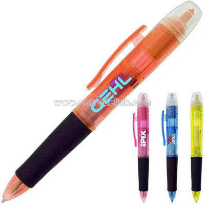 Three color multiple ink pen with highlighter on top and soft grip