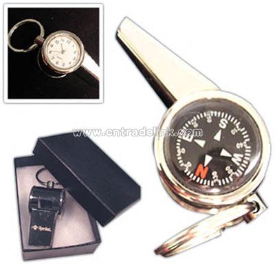 Three in one survival whistle with clock and compass