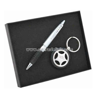 Tire design key chain and pen gift set.