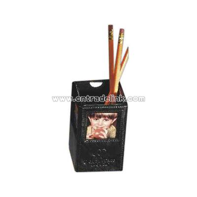 Top grain leather pencil cup with photo holder