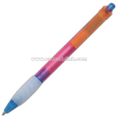 Translucent colored pen with blue ink and grip section