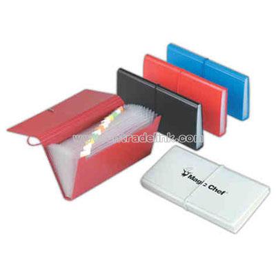Translucent polypropylene expanding organizer with 13 pockets.