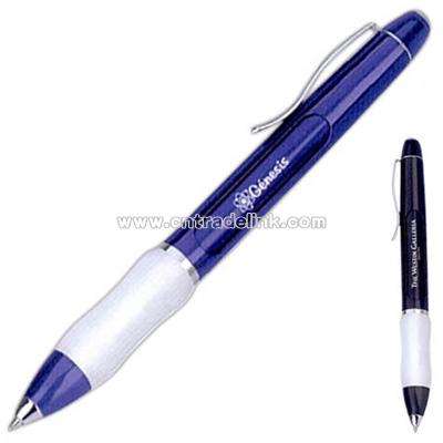Twist action ballpoint pen with dual logo / message function and rubber grip