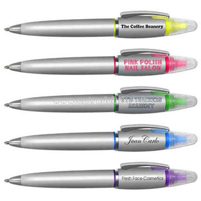 Twistrax (R) - Metal twist retractable ball point pen and highlighter combo