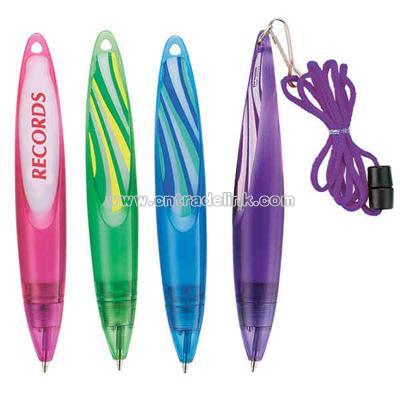 Two color twist action ballpoint pen with cord