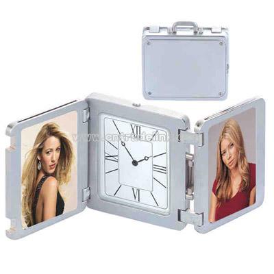 Wedding Suitcase shaped double photo frame with clock.