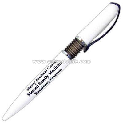 White barrel pen with transparent colored trim and plunger.
