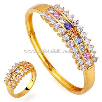 Wholesale Jewelry Colorful CZ 24k Gold Plated Brass Bracelet / Ring Sets