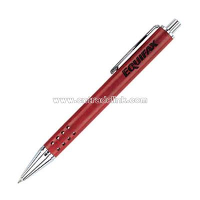 Wood push action ball point pen with perforated grip