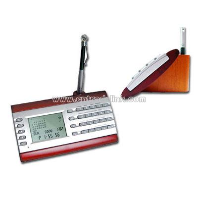 Wooden Desktop Digital Perpetual Calendar Calculator with Pen Holder and world clock