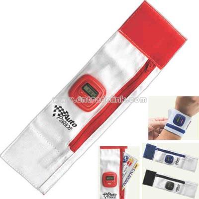 Wristband watch with zippered pouch with velcro closure