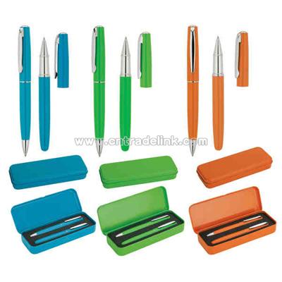 cap-off rollerball and twist-action ballpoint brass pen in a matching colored tin